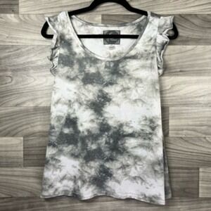 PJ Couture Pajama Top Womens L Gray White Tie Dye Ruffles Sleeveless Scoop Neck